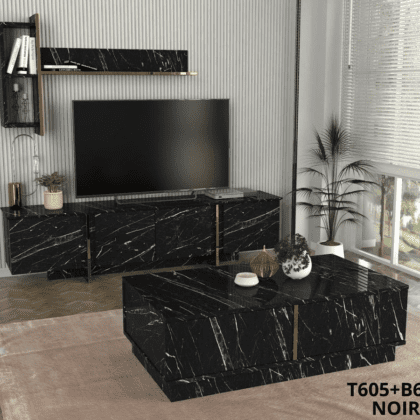 TABLE TELEVISEUR NABOU UNIT NOIR MARBLE T605 + TABLE BASSE B605