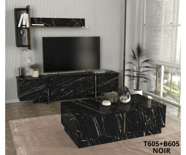 TABLE TELEVISEUR NABOU UNIT NOIR MARBLE T605 + TABLE BASSE B605